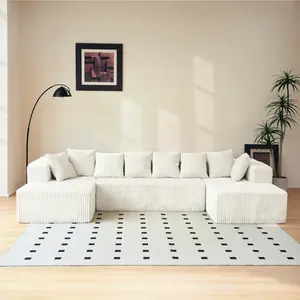 130'' Modular Sectional Couch, Modern U-Shaped Floor Sofa with Double Chaise Lounge, Comfy Corduroy Fabric Couch, Upholstered Corner Free Combination Sofa for Living Room, Apartment,Beige