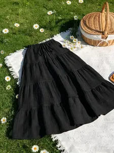 Multi-Layer Ruffled Long Skirt, High-Waisted Elastic Design, Slimming Fit, Casual Style, All Seasons, Natural Waist, Plain Pattern, Womenswear, Bottom
