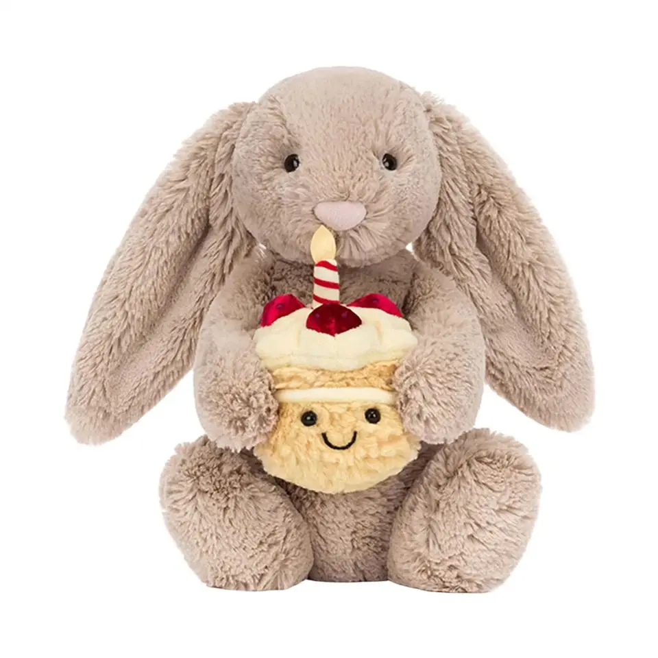 Jellycat plush rabbits—featuring designs holding a rose, a star, or a birthday cake—are soft, adorable stuffed toys perfect for special occasions, collecting, or adding a lively touch to room decor.