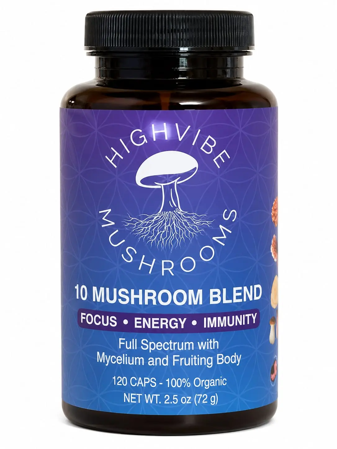 HighVibe Mushrooms LIMITLESS Organic Vegan 10-Mushroom Blend Capsules - Reishi, Cordyceps for Brain Health, Vegan Mushroom Supplement