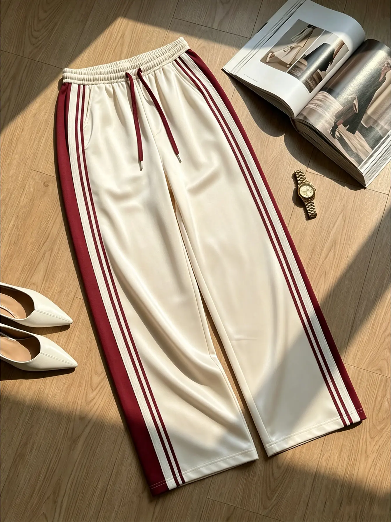 Women's 2-Piece Lightweight Burgundy American Vintage Side-Striped High-Waisted Drawstring Baggy Sweatpants - Chic Retro Preppy Feminine, Gray Drapey Wide-Leg Athletic Pants for Gym, Streetwear