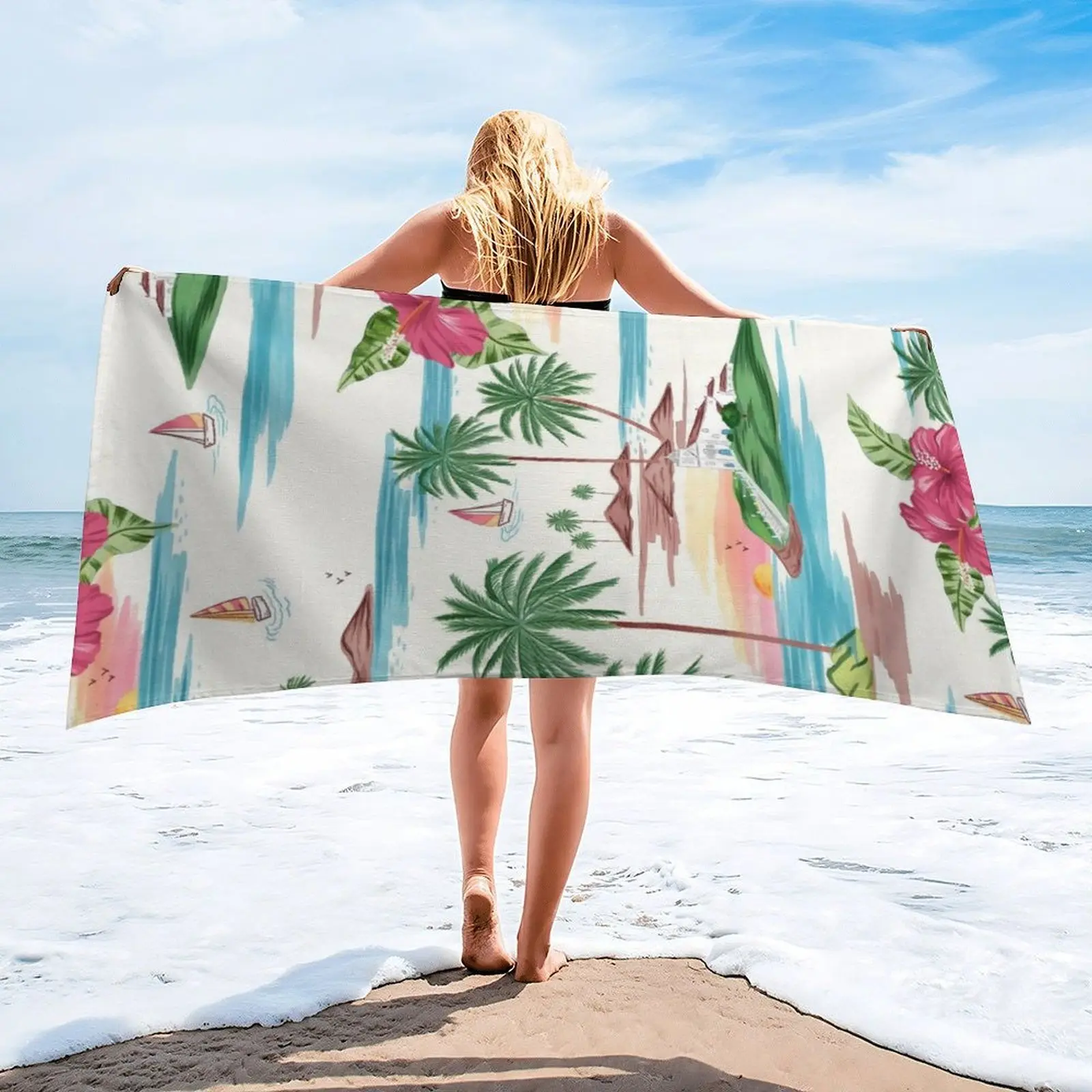 Microfiber Beach Towel for Adults - 31x61 Inch Sand Free Oversized Towel, Quick Dry & Super Absorbent Travel Towel, White Tropical Beach & Sailboat Floral Print Lightweight Large Bath Towel for Swimming, Pool, Gym, Yoga, Camping, Cruise Essentials