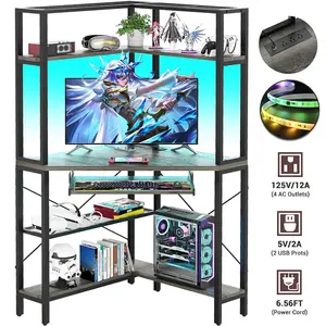 Cyclysio Corner Desk with Hutch, Triangle Corner Computer Desk with LED Light & Power Outlets ＆ Keyboard Tray,Triangel Desk for Small Space, Home Office, Workstation