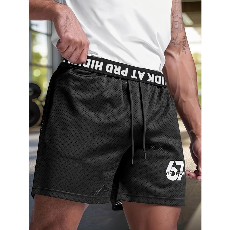 Men's Sporty Joggers Summer Casual Running Fitness Shorts - Cuffed Hem, Letter Belt, Adjustable Drawstring Waist, Breathable Hollow-Out Semi-Sheer Lightweight Fabric, Comfort Loose Fit - Ideal for Running, Gym Workout, Beach Vacation