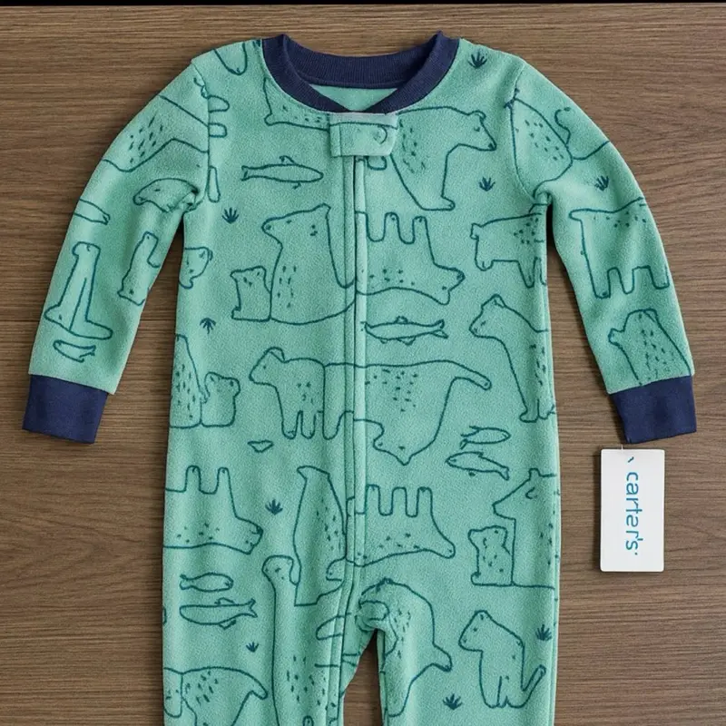 Carter's Toddlers Bears Fish One Piece Pajamas Green Navy Blue Size 12 Months Soft Cozy Nightwear for Little Ones