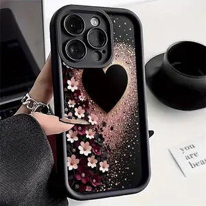 Floral Glitter Heart Design Shockproof TPU Phone Case for iPhone 16/15/14/13/12/11/X/7 Series - UV Printed Durable Soft Protective Cover with Black Background & Pink Flowers, Stylish Phone Protection |   Vibrant Phone Design |   Durable Phone Case