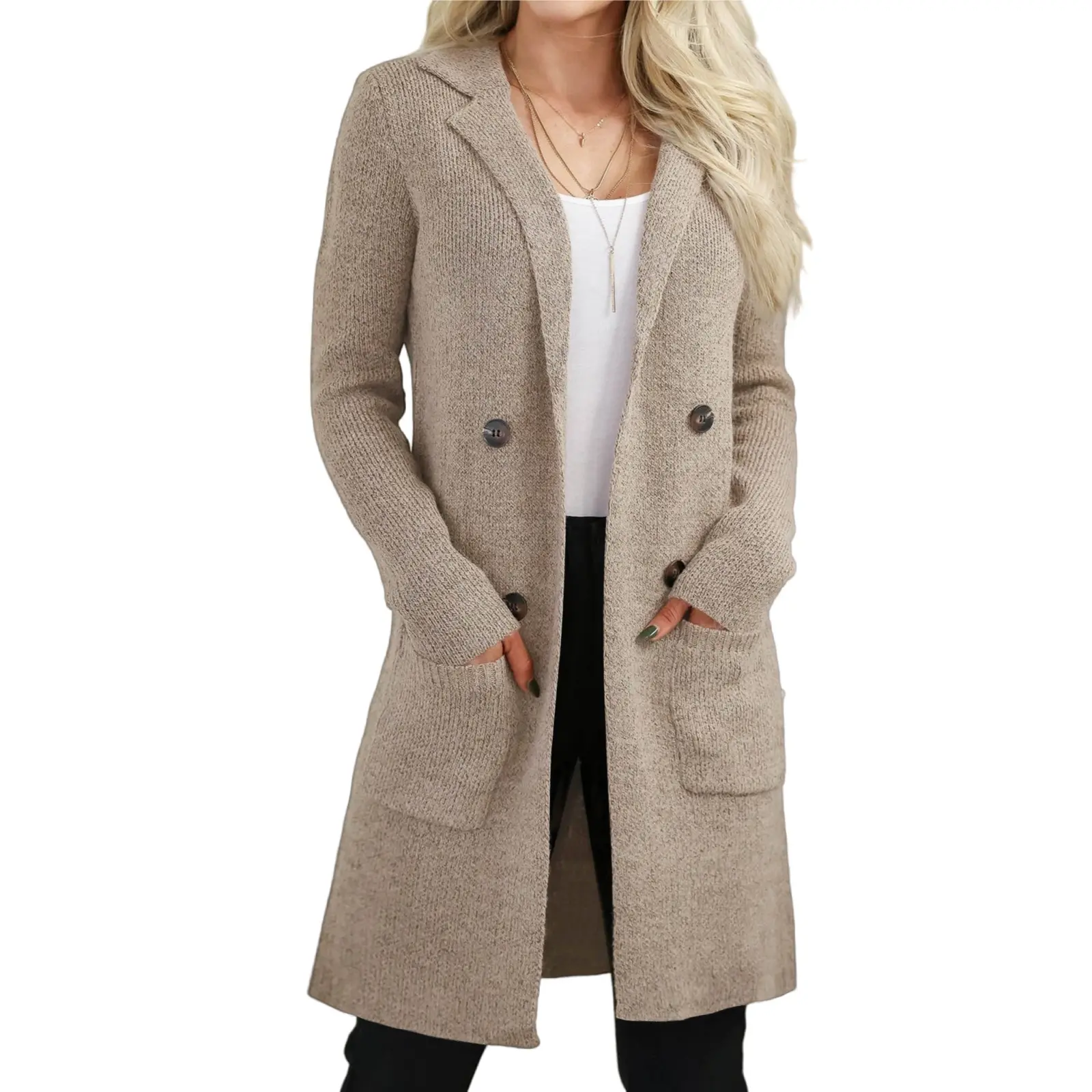 VIMPUNEC Women's Open Front Long Knit Fabric Cardigan, Loose Fit Fall Knitwear with Long Sleeves and Pockets