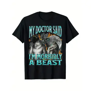 Funny Werewolf Meme T-Shirt "My Doctor Said I'M Morbidly A Beast" | Men's Horror Comedy Heavyweight Cotton Tee | Halloween/Dark Humor Gift for Werewolf Fans | Sunset Graphic Casual Shirt graphic tee t shirt funny t shirt t shirts for men