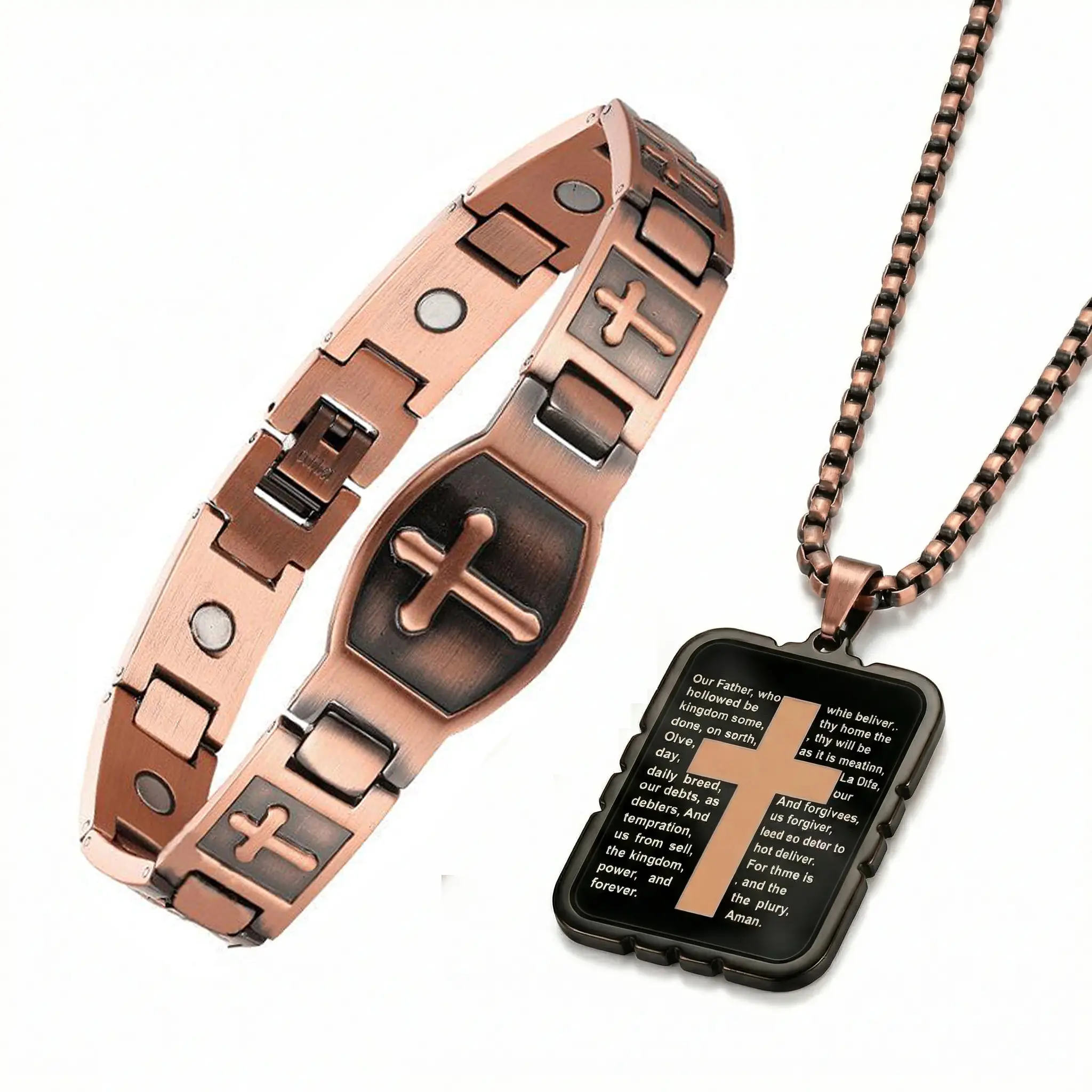 Men's Copper Cross Religious Jewelry Set - Magnetic 3500 Gauss Pure Copper Hypoallergenic Adjustable Stack Bangle & Pendant Necklace, Ultra Strength, Wellness Gift for Joint Pain Relief, Suitable for Any Occasion