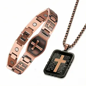 Copper Cross Bible Bracelet & Necklace Set for Men Ultra Strength Magnetic 3500 Gauss Pure Copper Hypoallergenic Adjustable Stack Bangle Perfect Wellness Jewelry Gift for Relieving Joint Pain