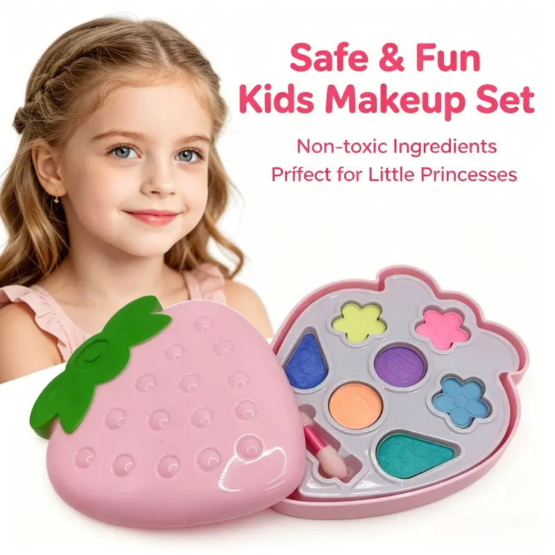 Kids' Strawberry-Shaped Non-Toxic Washable Pretend Makeup Palette Set - Flower-Shaped Eyeshadow, Makeup Brush, Mini Portable Princess Surprise Toy Dress-Up & Role Play Clothes Beauty Kit, Birthday Holiday Gift for Toddler Girls Age 3+