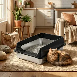 「PawPlanet」Stainless Steel Cat Litter Box with High Shield, Semi-Enclosed Large Litter Pan with Litter Trapping Pedal, Easy to Clean & Odor Control, Multi-Cat Friendly,Non-Stick Stainless Steel Litter Box, Open Top High Sided Cat Litter Pan