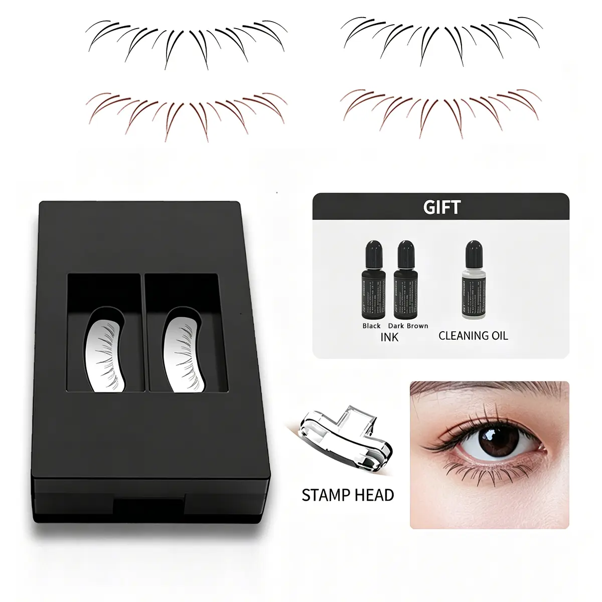 Lower Lash Stamp Kit with Black & Dark Brown Liquid Ink, Waterproof Smudge Resistant Bottom Eyelash Stamper, Dual Color Set for Natural Hair-Like Lower Lash Effect, Quick Dry Under Lash Makeup Tool for Beginners Daily Makeup.