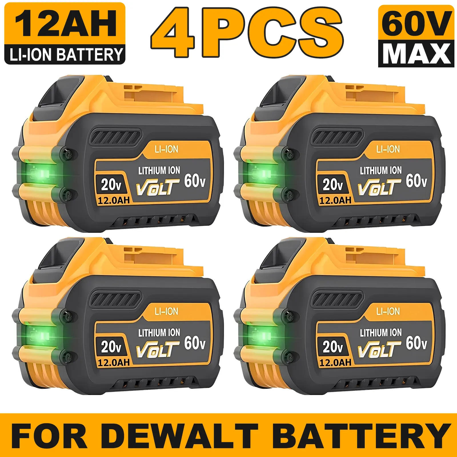 4-Pack Dewalt 20V/60V MAX Dual-Voltage Cordless Power Tool Replacement Batteries, 12000mAh High-Capacity Lithium-Ion, FCC-Certified, Dust-Resistant, Shockproof, Compatible with DCB606 DCB609 DCB612, Tough Job Site Ready Durable Construction