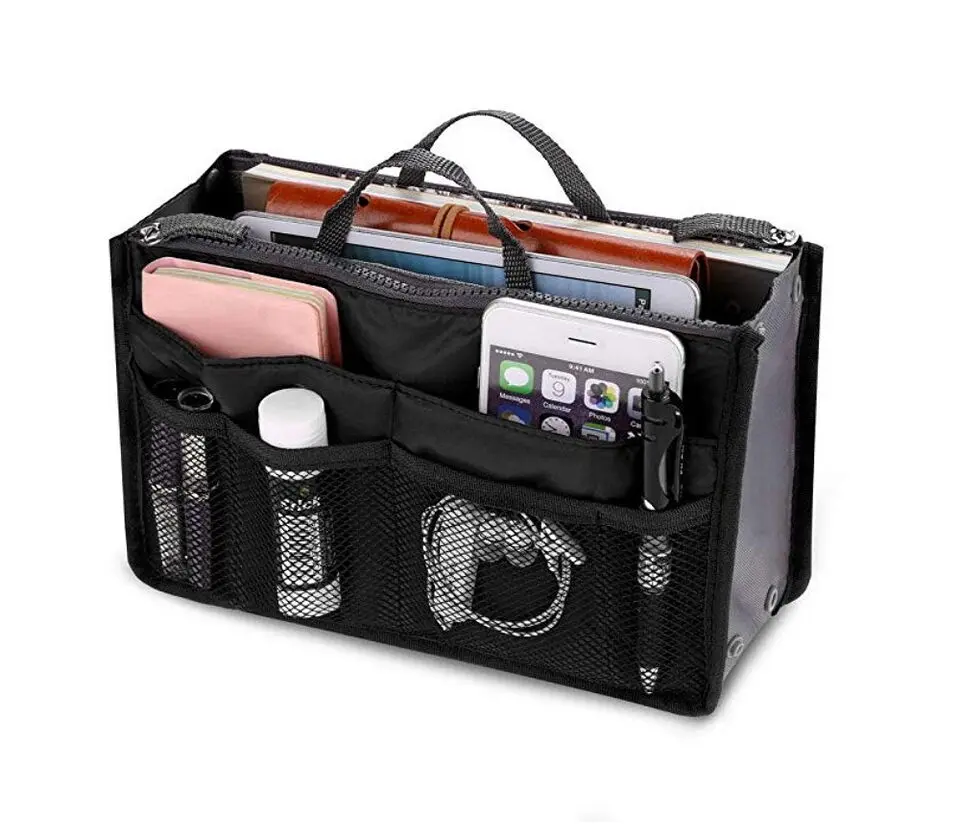 Multi-Pocket Travel Handbag Organizer Insert with Zipper Handles
