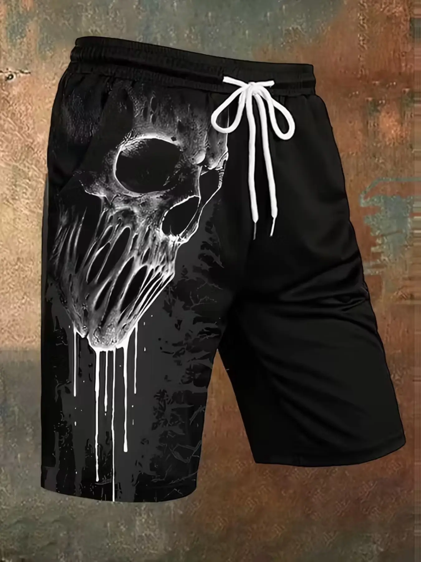 Men's 3D Print Skull Head Summer Beach Fitted Pants, Adjustable Drawstring Waist, Perfect for Beach and Summer Outings
