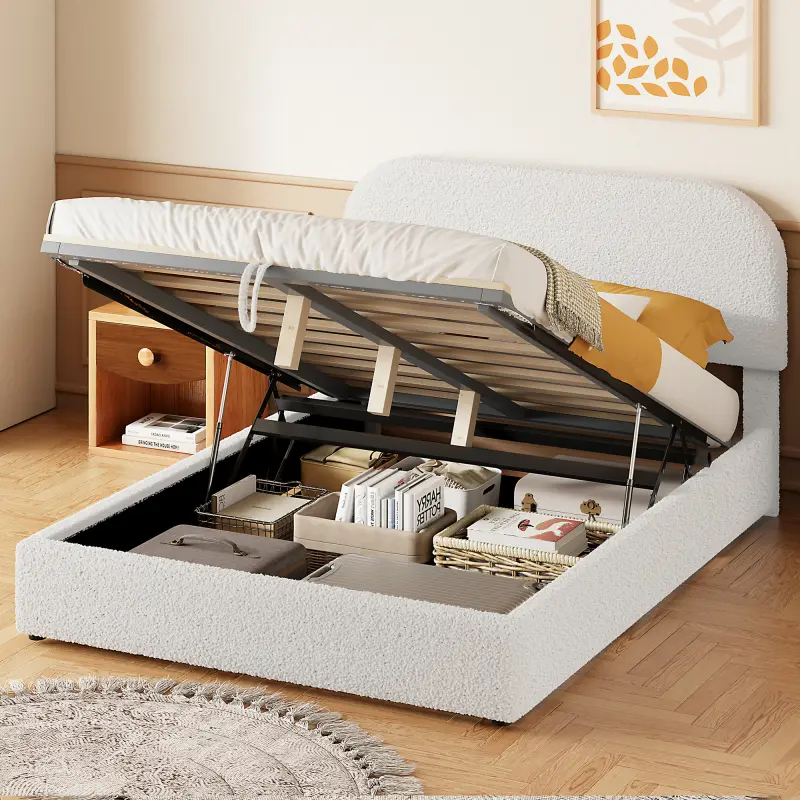 [Bellemave]Full/Queen Teddy Fleece  Size Upholstered Platform Bed with Hydraulic Storage System
