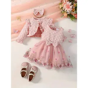 3pcs Girls' Spring/Autumn New 3D Butterfly Embroidered Mesh Dress + Ruffle Texture Long Sleeve Short Jacket with Bow Headband Set, Perfect for Outdoor, Dress For Girl