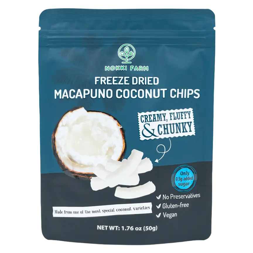 NOKKI FARM Freeze Dried Macapuno Coconut Chips - Healthy & Exotic Tropical Fruit Snacks, Low in Sugar, No Preservatives, Kid-Approved Shelf-Stable & Portable On-The-Go Snacking