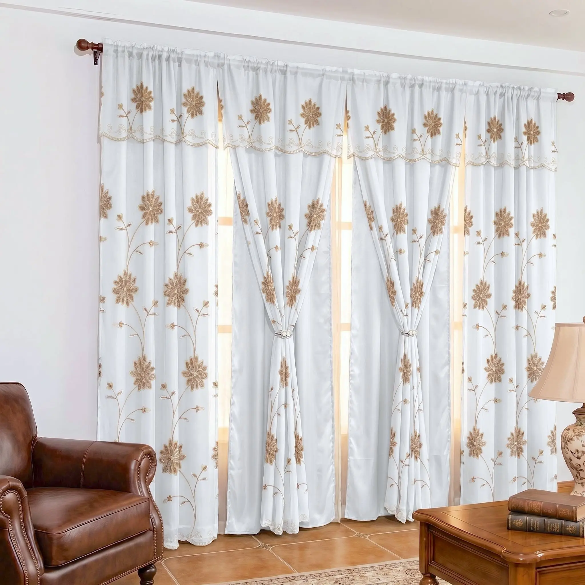 Polyester 4-Panel Double Layer Floral Vine Embroidery Curtains with Waterfall Valance & Rod Pocket, 52x84 in, Low Iron Anti-Shrink Breathable Living Room Decor for Bedrooms, QF36 Summer Household Textile Accessory (Do Not Bleach)