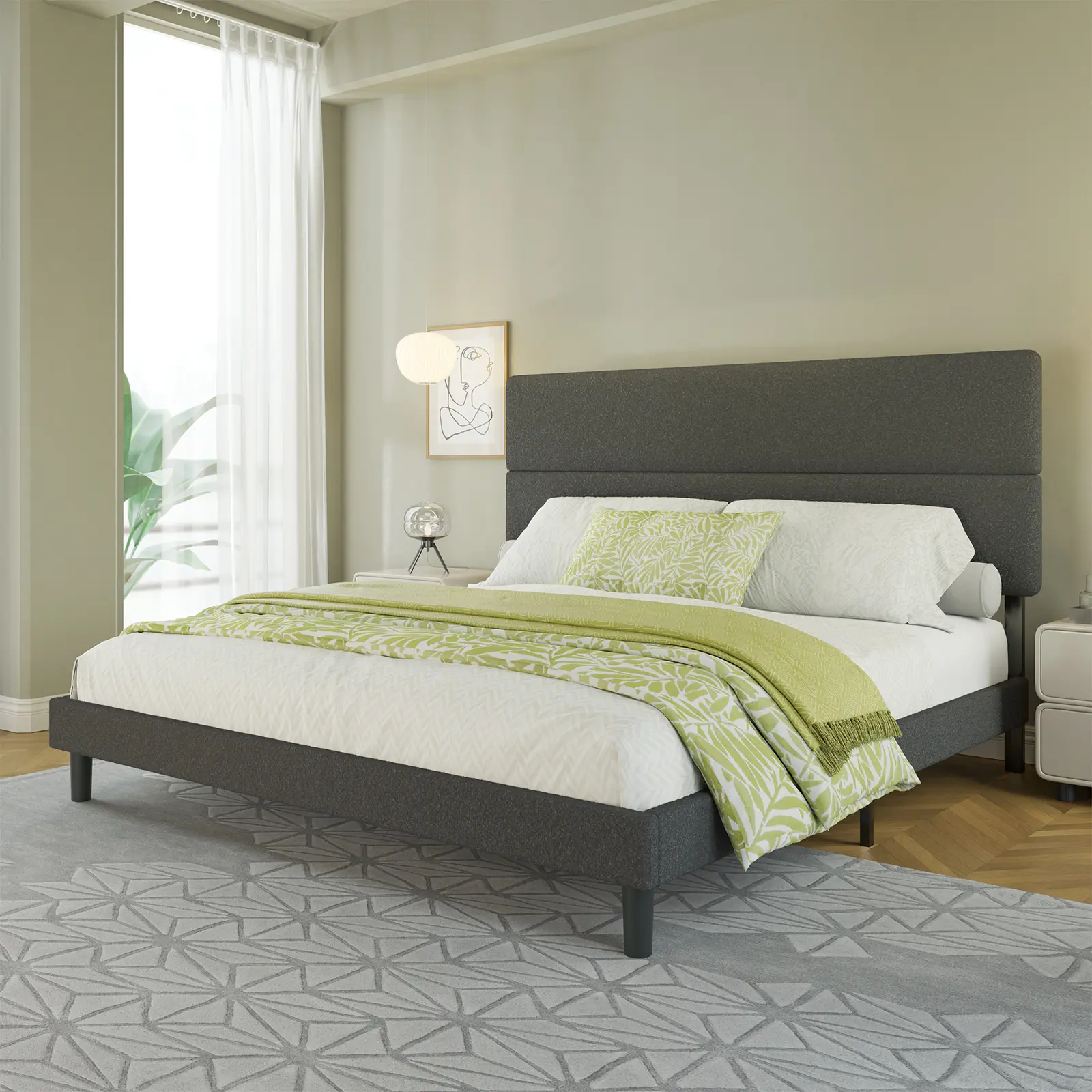 AMERLIFE Boucle Upholstered Bed Frame - Full/Queen/King-Size, Modern Bedroom Mattress Foundation, 47.3" High Adjustable Headboard, 62.6"l×81.1"w×47.24"h, Durable Wooden Slats, No Box Spring Needed, Easy Assembly Required