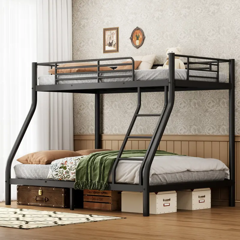 Bunk Bed Twin Over Full Size, Quiet & Sturdy Space-Saving Metal Bunk Bed with 9.8-Inch Guardrail and Ladder for Kids, Teens, And Adults, Black Heavy-Duty Frame with 400 lbs Capacity for Small Bedrooms & Shared Rooms