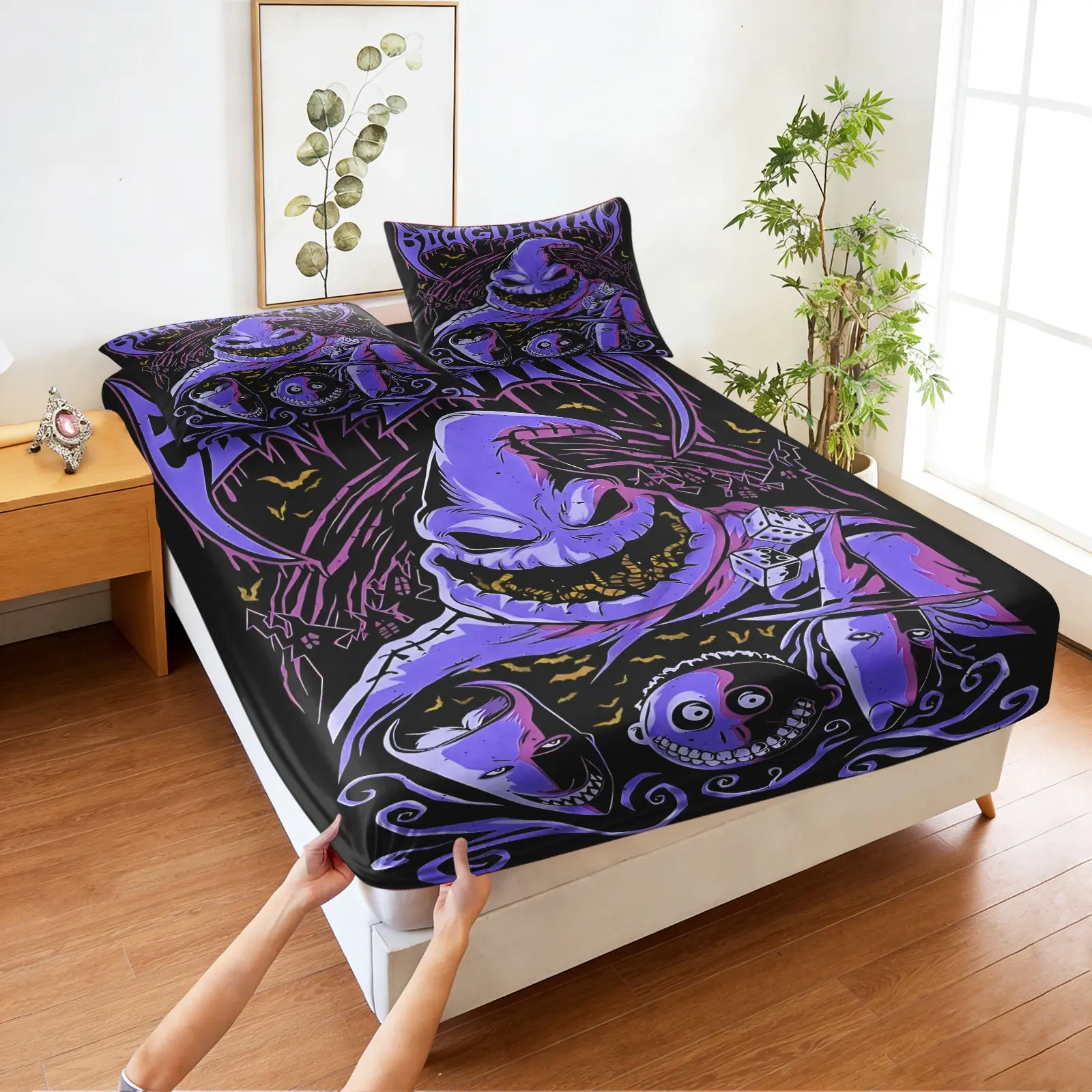Dark-themed, Whimsical Print Fitted Sheet Set, Decorative Bedsheet Sets, Bed Sheets Set, Includes 1 Fitted Sheet & 2 Pillowcases without Filler, Halloween Elements, Gothic Style, Gothic Aesthetic, Warm And Pill-resistant, Decorative Bedding Set