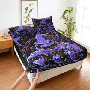 Dark-themed, Whimsical Print Fitted Sheet Set, Complete Set, Includes 1 Fitted Sheet & 2 Pillowcases without Filler,halloween Elements,unique And Distinctive,gothic Style, Gothic Aesthetic,warm And Pill-resistant,the Perfect Gift For All Seasons