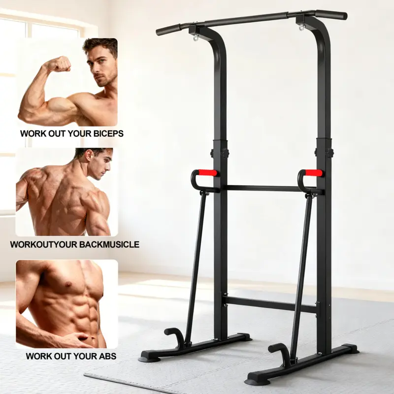 Strength Training Tower, Heavy-Duty Steel Adjustable Workout Equipment for Home Gym, 6-in-1 Dip Station for Whole Body Workout with Auxiliary Seat, 400 lb Capacity, Pull Bar, Home Gym Kit, Muscle Training Equipment, Home Fitness Equipment