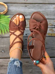 Soft Sole Bow Flat Sandals, Adjustable Slingback Sandals, Cross Strap Elastic Back Tie, Versatile Outdoor Wear, Comfortable and Stylish Footwear for All Seasons, Summer, Women