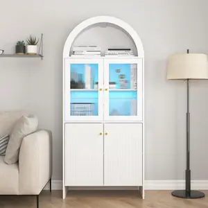 69" Tall Arched Kitchen Pantry Cabinet with Led Lights,Wood Fluted Kitchen Storage Cabinet with 5-Tiers Storage Shelves,Modern Versatile Cupboard with Glass Doors for Dining Room. (White)