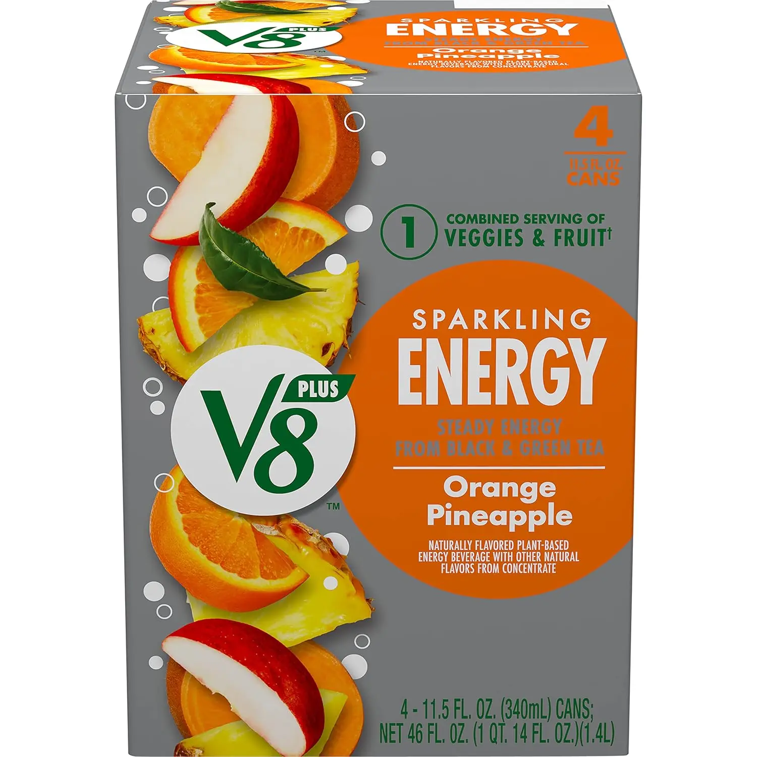 V8 +Energy Sparkling Orange Pineapple Juice Energy Drink, 11.5 fl oz Can (4 Pack)