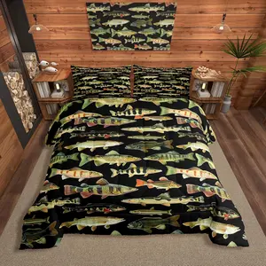 Feelyou Vintage Pike Fish Bed Comforter Set - Breathable Soft Decorative Queen Duvet Set for Men, Fishing & Hunting Themed Room Decor, Breathable Duvet Set
