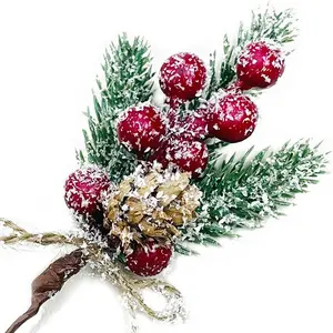 8 count Christmas Berries Red Stems Evergreen Pine Branches, Christmas Picks  Artificial Pine Cones Holly Stem Craft Winter Holiday Floral Picks for Decor DIY Xmas Garland Wreath Ornament