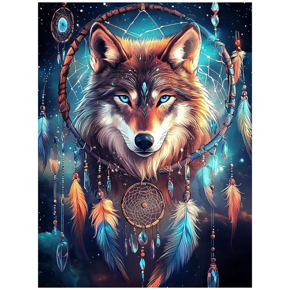 Starry Sky Dreamcatcher Wolf Head Vibrant Blue Eyed Wolf with Feather Crystal Dreamcatcher Diamond Painting 5D DIY Diamond Painting Kit Full Drill Square Round Diamonds Embroidery Cross Stitch Art Craft Home Wall Decor Unique Art Gift Handicraft