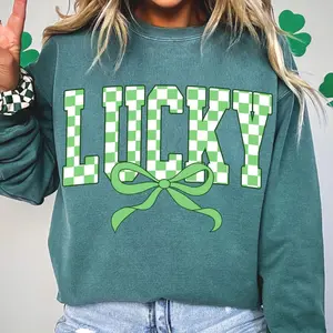 Retro Checkered Lucky St Patrick's Day Coquette Sweatshirt, St Patricks day