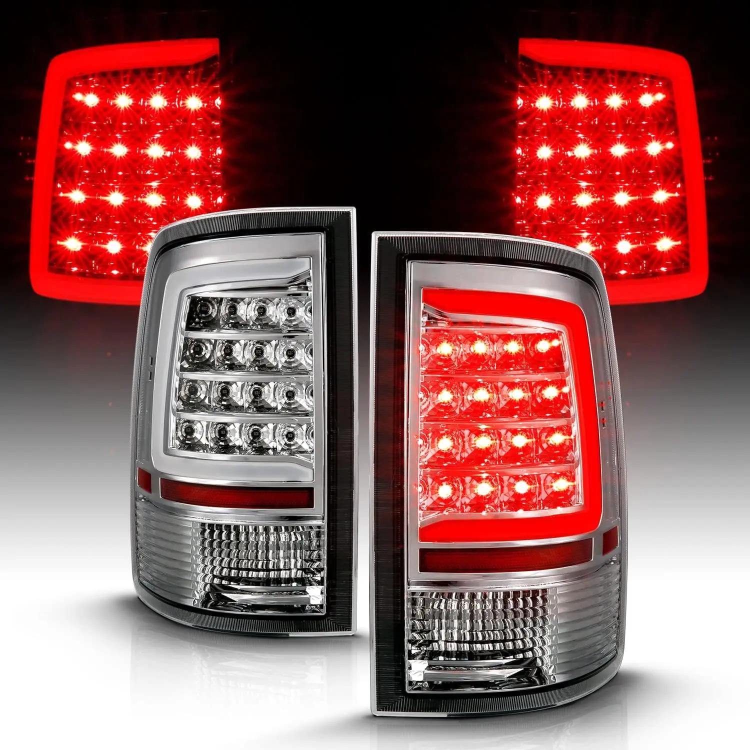 AmeriLite for 2009-2018 Dodge Ram 1500/10-18 Ram 2500 3500 Pickup C-Type LED Tube Chrome Replacement Tail Light Assembly Pair - Passenger and Driver Side