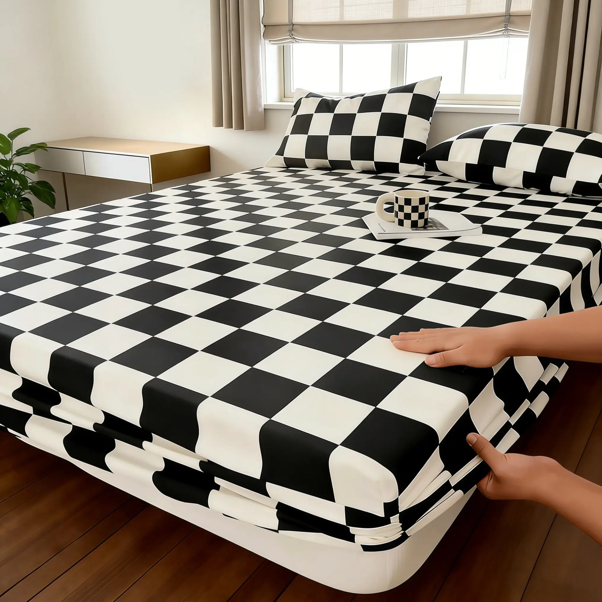 3Pcs Classic Simple Black And White Checkered Geometric Fitted Sheet Bedding Set, 1 Fitted Sheet & 2 Pillowcases Without Inner Core, Soft And Comfortable Fabric, Versatile Bedroom Decor, Ideal Gift For Men, Soft Bedding Sets