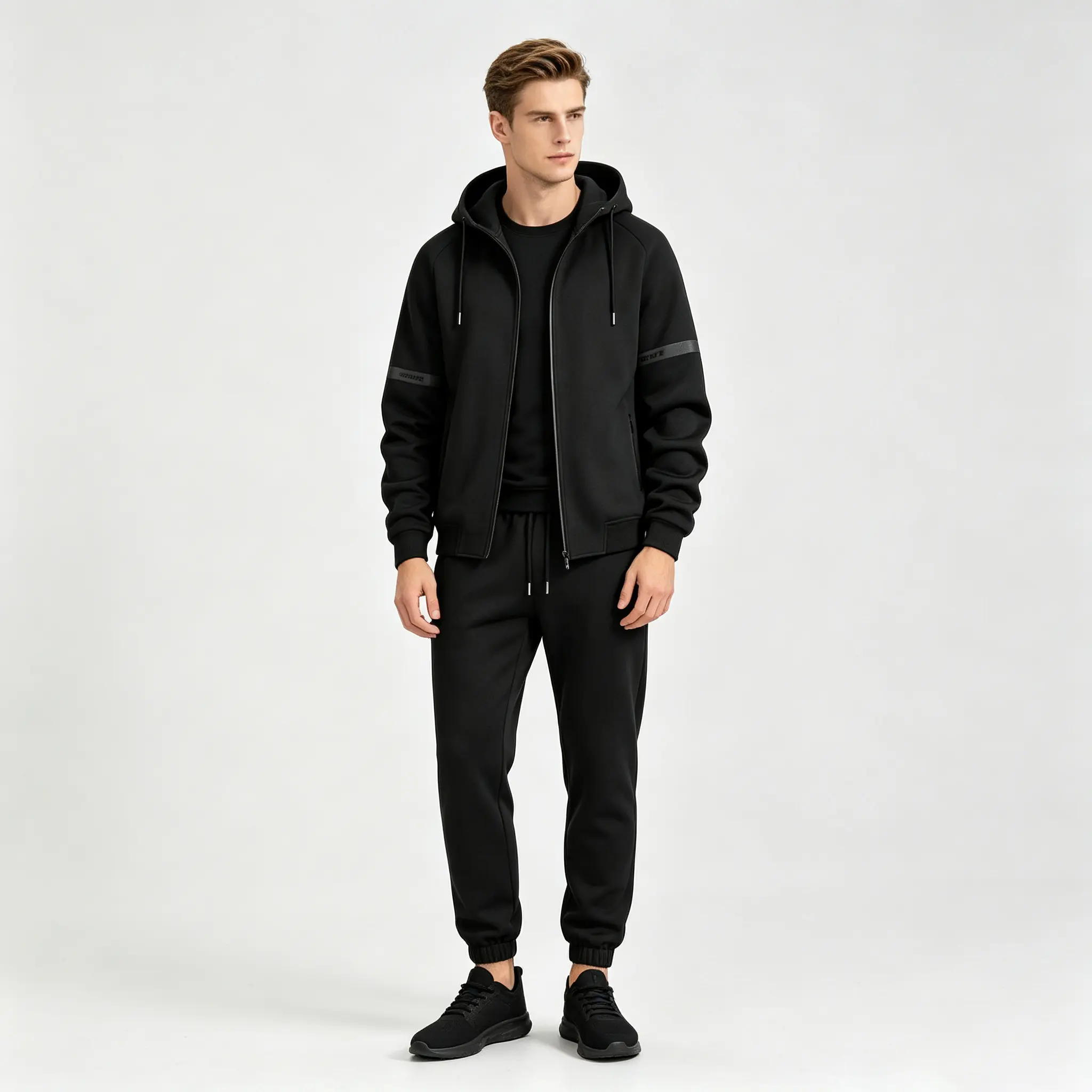 Loose two-piece athletic set, loose cropped zip-up hoodie + loose wide-leg sweatpants, soft fabric, unisex two-piece set