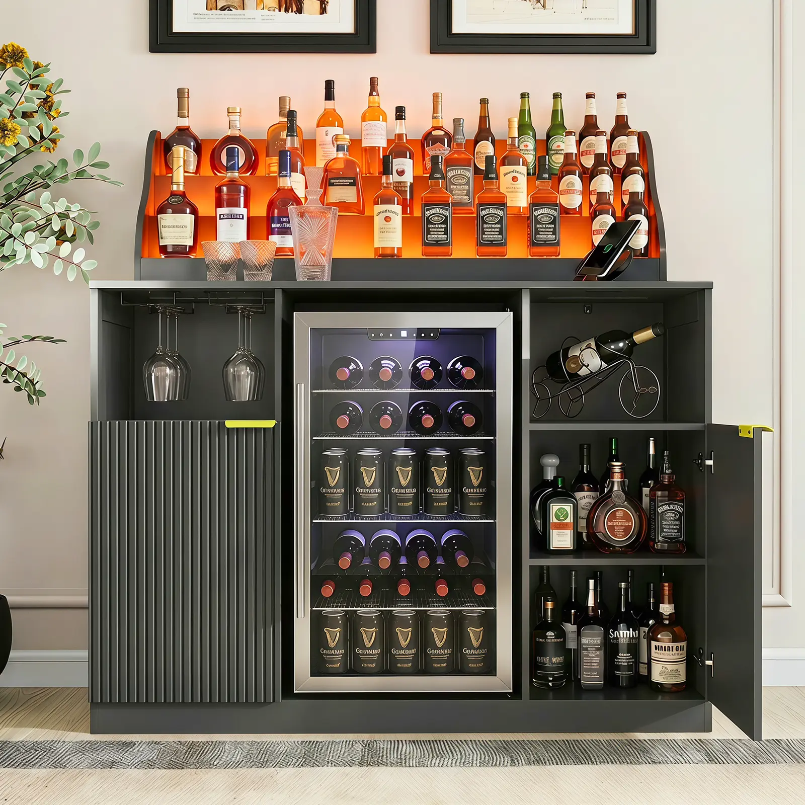 Wine Bar Cabinet with LED Lighted Liquor Bottle Display Shelf,Mini Fridge Cabinet with Storage&Power Outlet,Liquor Coffee Bar Cabinet with Fridge Space,Fluted Sideboard Buffet Cabinet with Wine Rack
