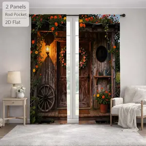 Rustic Farmhouse Cabin Door Floral Vine Sun Blocking Curtains 2Pcs Digital Printed Rod Pocket Window Treatment for Bedroom Office Kitchen Living Room Study Home Decor Multiple Sizes Easy Installation
