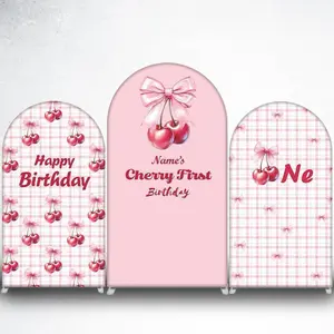 15-day 2D Flat Delivery Pink Gingham Cherry Happy Birthday Arch Backdrop Cover for Girls Party Photo Booth