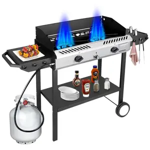 Bestfire 150,000 BTU Dual-Burner Propane Stove | Outdoor Camping Stove with Side Shelves & Windpanel, Auto-Ignition & Regulator, for Outdoor Cooking and Frying turkey