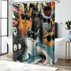 Cool Cat Shark Shower Curtain, Modern Home Bathroom Art Decor, Waterproof Fabric Set with 12 Hooks, Bath & Holiday Decoration