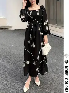 Women's Floral Print Dress, Elegant Fashion Casual Fitted A Line Dress for Daily Outdoor Wear, Women Dress for Spring Fall