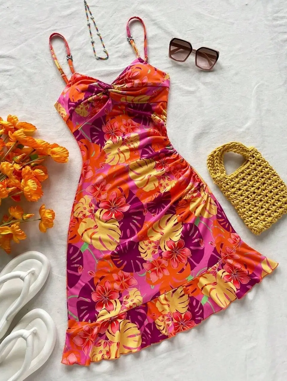 Women's Floral Mini Dress | Twist Design Camisole Casual Summer Beach Style