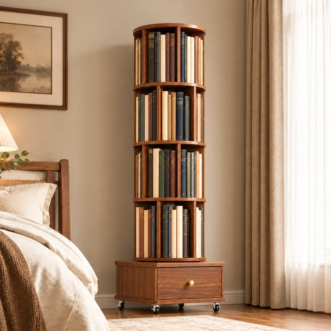 2–4 Tier Rotating Bookshelf with Wheels & Drawer, 360° Spinning Bookcase, Space-Saving Corner Book Storage Organizer for Bedroom, Walnut Finish