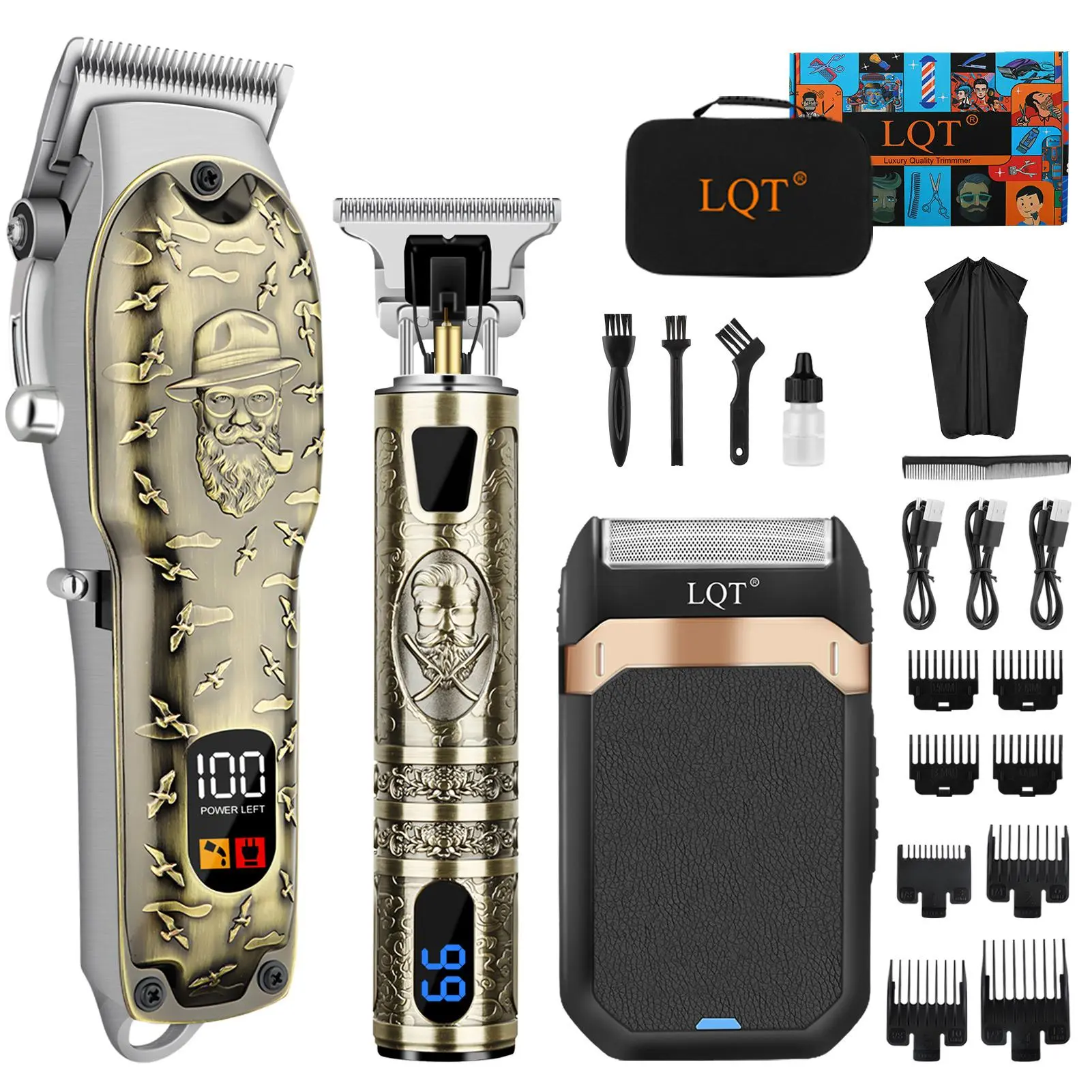LQT Professional Men’s Cordless Electric Hair Clipper Set (electric clipper, men’s trimmer + shaver), stainless steel adjustable blades, LED display, cordless cutting, multifunctional trimmer, portable travel case, fine grooming tools—ideal for gifting