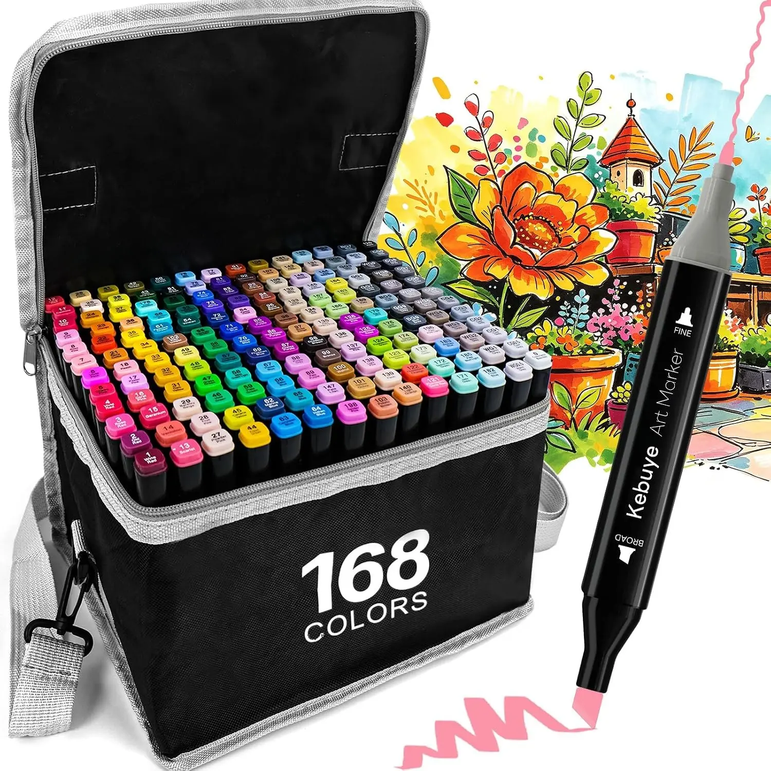 168-Colour Alcohol Marker Set with Alcohol Ink, Dual-Tip Brush & Chisel Pens, Storage Case for Office Stationery Art Supplies, Dual-Tip Pens