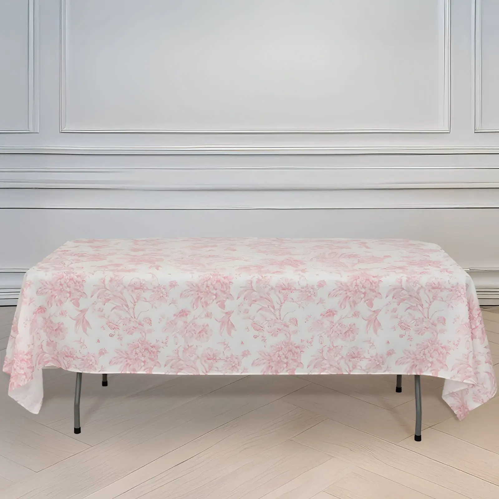 White 60"x102" Polyester Rectangle Tablecloth with Pink French Toile Pattern - Washable Outdoor Table Cover for Chic Weddings, Events, Washable Table Cover